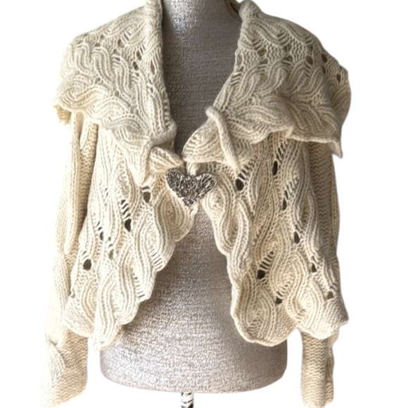 Anthropologie Sweaters - Anthropologie Sleeping On Snow Ivory Angora Knit Heart Pin Cardigan Size M